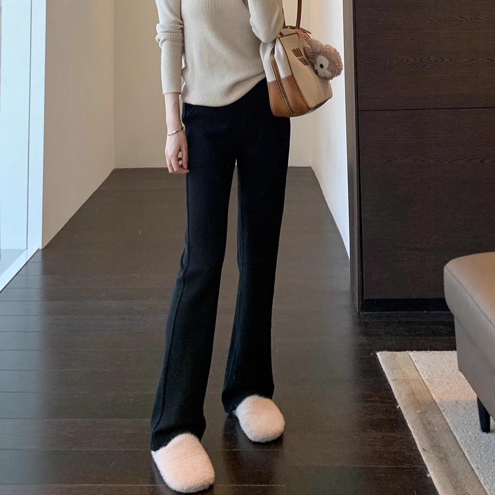 Spring Is Not Late ◆ Leg-Lengthening ~ Fleece-Lined Thick Black Pants High-Waisted Slimming Horse Body Pants Flared Pants Women's New Autumn and Winter Style