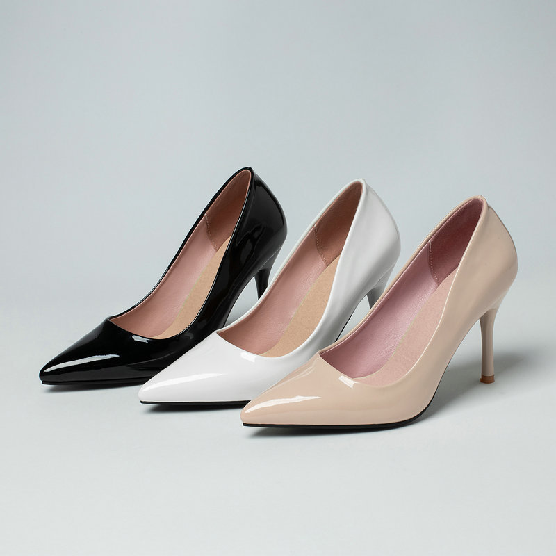 春秋新款漆皮女鞋尖头高跟鞋裸色亮皮细跟时尚少女士OL单鞋工作鞋