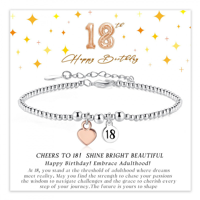 Cross-Border Women's Love Heart Bracelet with Round Plate Engraved with Text, Birthday Gift, Adjustable Chain, Silver Beads, Love Heart Birthday Bracelet Cross-Border Women's Love Heart Bracelet with Round Plate Engraved with Text, Birthday Gift, Adjustable Chain, Silver Beads, Love Heart Birthday Bracelet