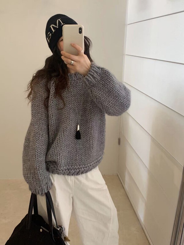 韩国羊毛粗针米色毛衣女复古日系圆领宽松套头针织衫上衣G1549|undefined