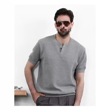 2025年菠萝纹针法肌理感休闲简约男士时尚亨利领T恤纯色打底衫