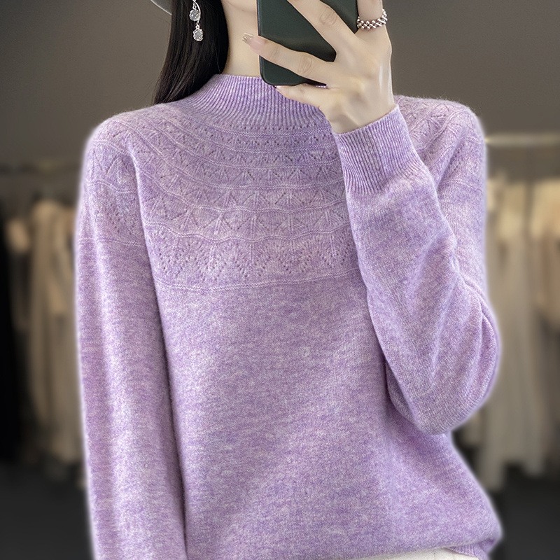 Wool Sweater with Half-High Collar and Hollow-Out Design, Wool Base Layer Knitwear for Women, Ready-To-Wear Wool Top for Women