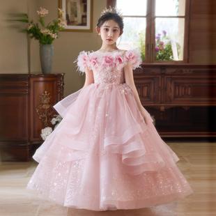 Girls Birthday Beautiful Dress Pink Classy Host Girl Princess Dress Kidsren's Piano Performance Dress Summer