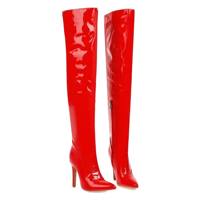 Сапоги на шпильке, на очень высоком каблуке и платформе, заостренные выше колена, из лакированной кожи, Яркие Кожаные пикантные ботинки рыцаря для ночного клуба, большие размеры