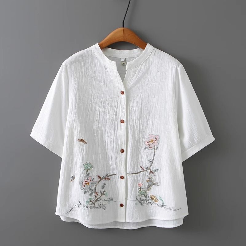 中国風 25 夏服高品質リネン半袖カーディガン女性のトップスゆったりとした大きいサイズの刺繍入りシャツ綿とリネンのシャツ女性用|undefined
