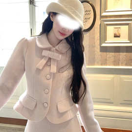 工厂 粉色毛呢外套高腰a字半身裙套装女秋法式气质千金风两件套冬