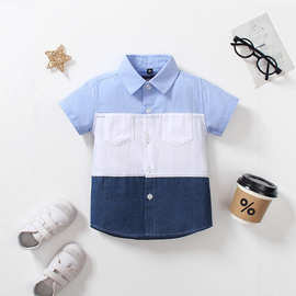 儿童衬衫新款中童外贸长袖三拼色休闲中小童刺绣男童2025新款