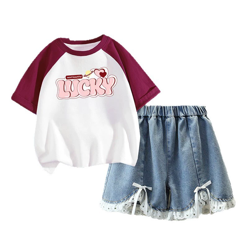 Summer set, cartoon denim short sleeve T-shirt, shorts, trousers, Korean style
