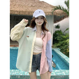 多巴胺拼色设计感小众别致衬衫女夏季长袖腊肠狗刺绣polo领上衣服