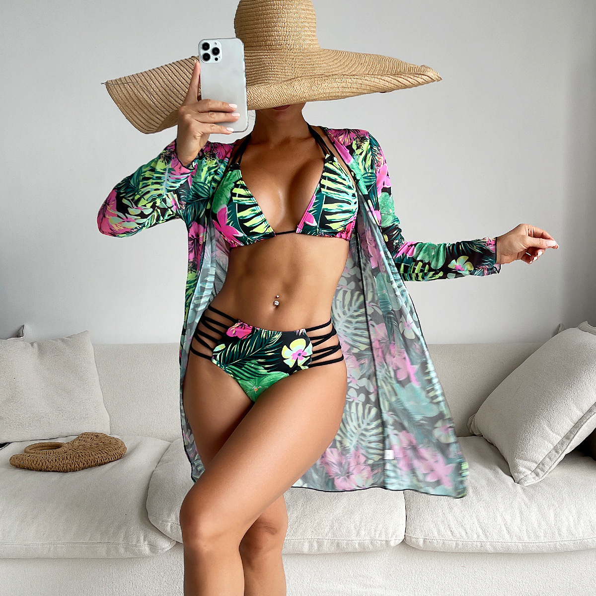 Mingyi 2024 nueva impresión europea y americana multicolor moda sexy bikini tres piezas traje de baño de mujer