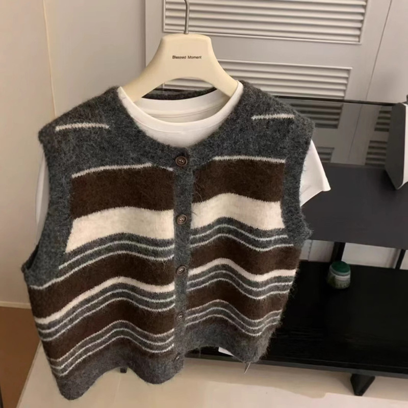 Japanese Retro Color-Block Striped Sweater Vest Cardigan for Women Autumn Winter Layering Sleeveless Vest Outerwear Petite