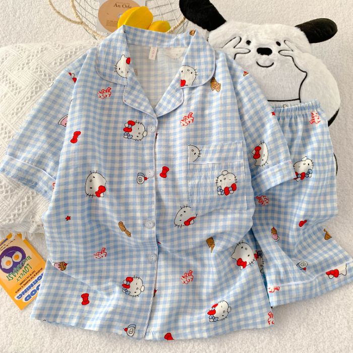 Yunduo Cotton Short-Sleeved Shorts Cardigan Pajamas for Women Summer Lapel Cartoon Home Clothes Set Running Volume Live Broadcast Foreign Trade Cross-Border