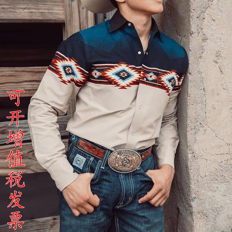 Cross-border Western Denim Trendy Retro Youth Men's Punk Digital Printed Double-watch Bag Men's Shirt