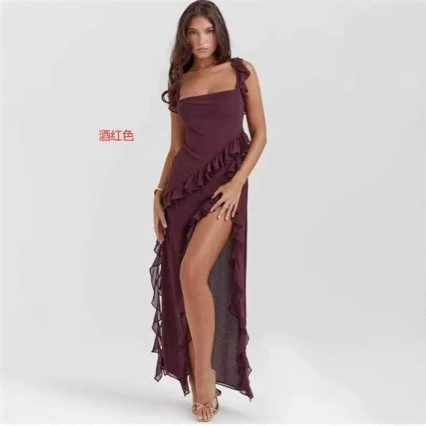 AliExpress трансграничное европейское и американское летнее новое платье 2024 года во французском стиле с рюшами на бретельках и сексуальным длинным платьем с разрезом