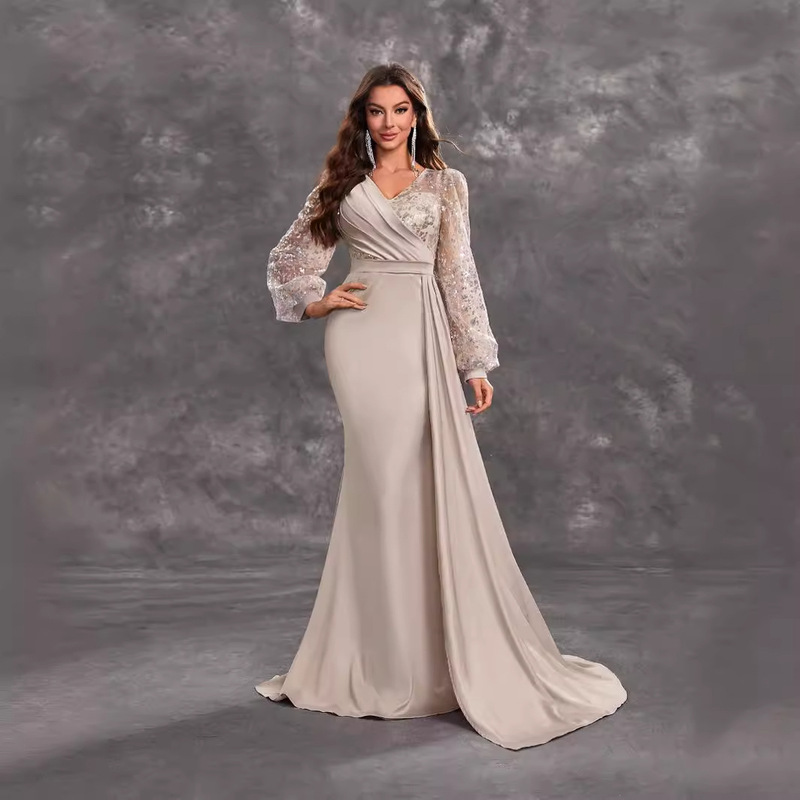 New Women's Cocktail Party Evening Dress Sequined Satin V-Neck Long-Sleeved Elegant Evening Dress-Ssw5206 New Women's Cocktail Party Evening Dress Sequined Satin V-Neck Long-Sleeved Elegant Evening Dress-Ssw5206