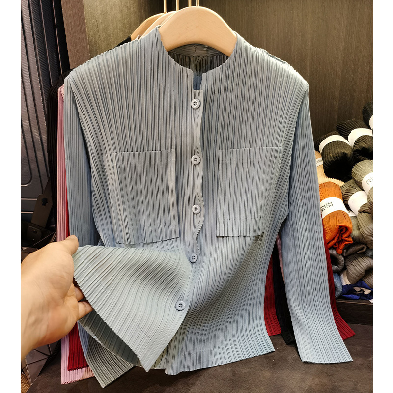 Fashion Pocket Design Solid Color Long Sleeve Pleated Shirt Elegant Commuter Single-Breasted Top Women's Spring New Style