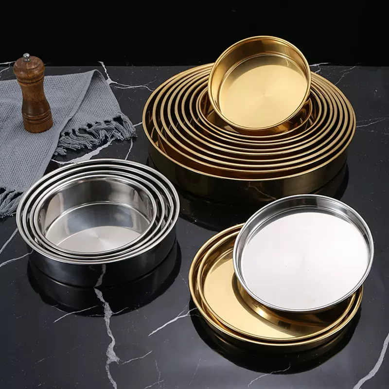 加厚不锈钢圆形糕盘平底盘凉粉凉皮水果沙拉蒸饭盘蒸蛋糕盘子厂家