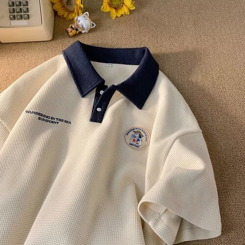 Chic Men Summer Fashion Versatile Literary Trend Short-Sleeve Polo Shirt Standard Japanese Youth Popular