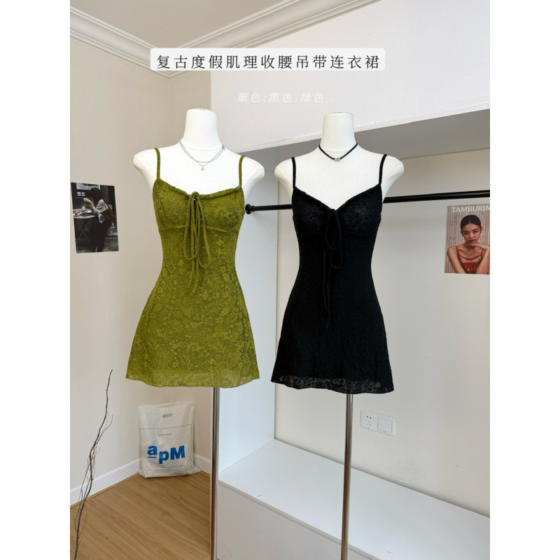 Monica Vintage Vacation Textured Strap Dress for Women, Slimming Waist A-Line Short Dress