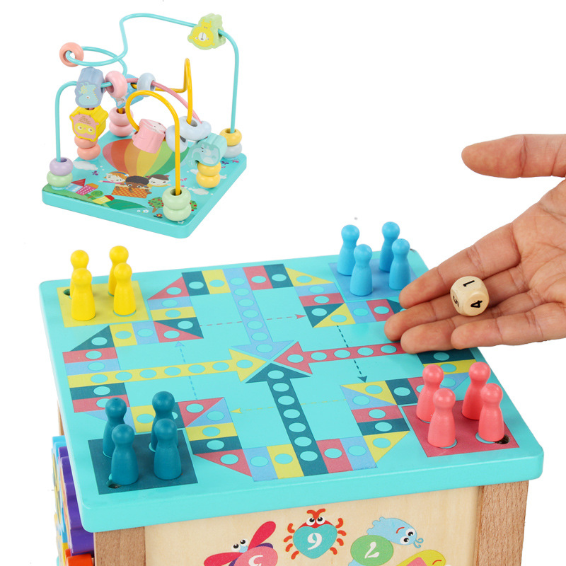 Caja de tesoro de cuentas multifuncional de cuatro lados de madera para niños juguetes de desarrollo de inteligencia de Educación Temprana a juego con forma infantil