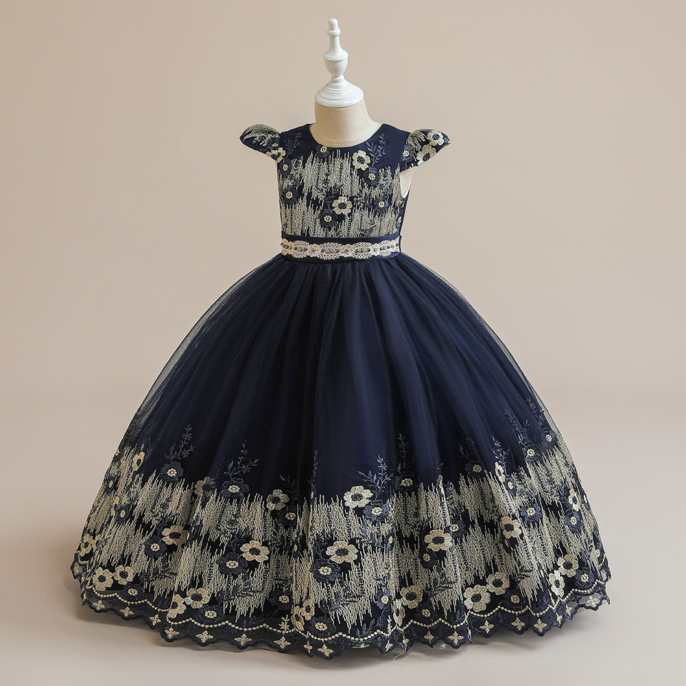 Nueva ropa infantil transfronteriza en stock, vestido formal para niñas, vestido de princesa, malla bordada, para desfile, atuendo para actuación de piano para niñas pequeñas.