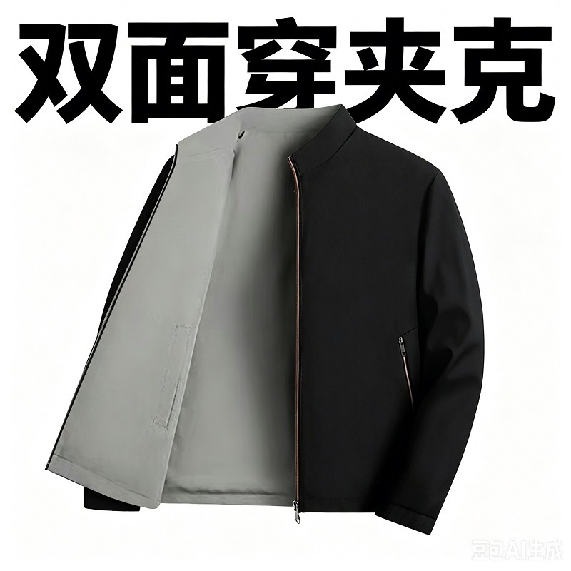 Business-style reversible jacket for middle-aged and elderly men, lightweight stand-up collar, loose fit, casual men's top for spring and autumn.