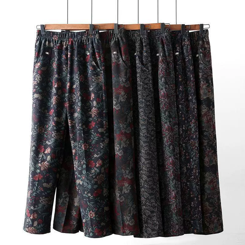 Брюки Для Бабушек Свободные свободные брюки для старых леди больших размеров с талией Женские брюки среднего возраста Прямые брюки с принтом Плюс толстые большие размеры