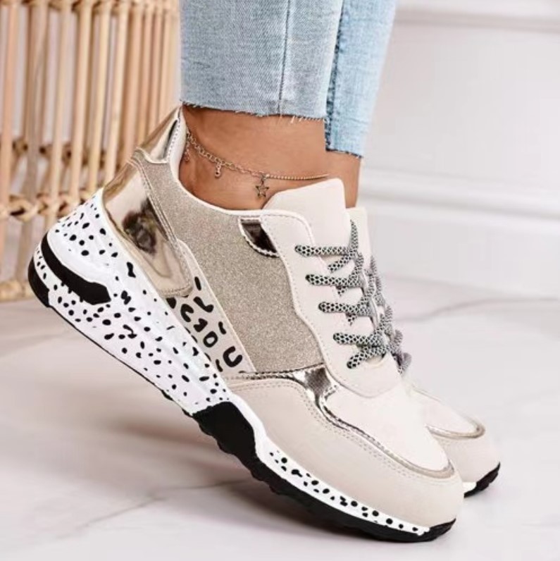 zapatos deportivos casuales de fondo plano con cordones y punta redonda con estampado de leopardo NSJJX133406