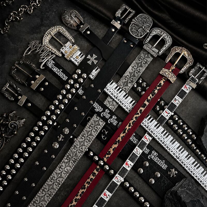 Cross-border punk gothic style belt for men and women, y2k studded and rhinestone western retro jeans belt collection