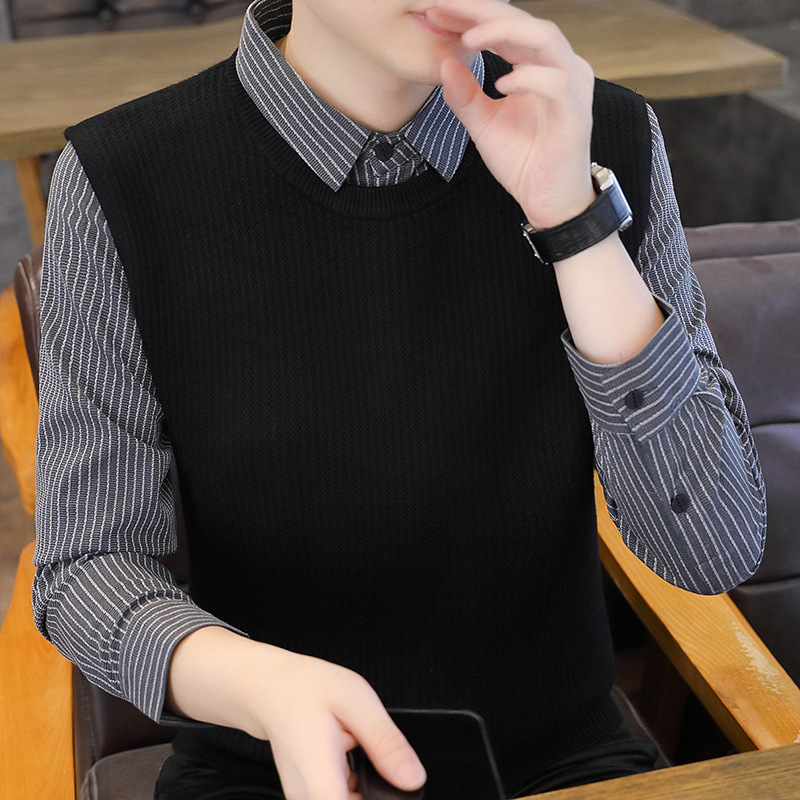 Quality set, demi-season shirt, knitted men's base sweater, Korean style, increased thickness
