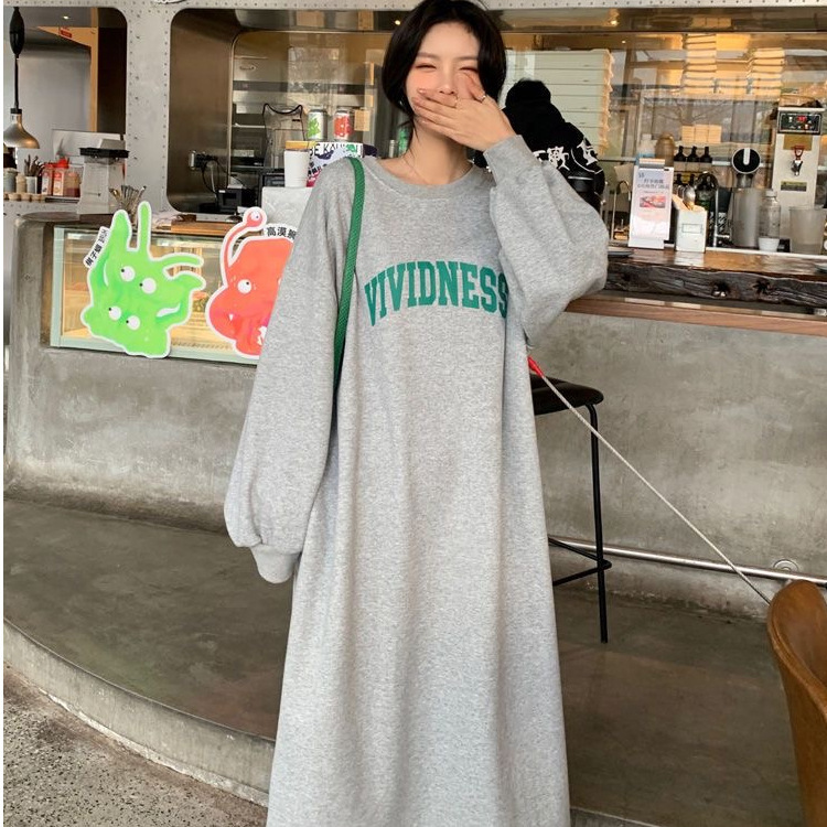 Korean ins Autumn and Winter Simple Casual Hooded Pocket Letter Loose Fleece-lined Warm Long Sweatshirt Dress for Women Korean ins Autumn and Winter Simple Casual Hooded Pocket Letter Loose Fleece-lined Warm Long Sweatshirt Dress for Women