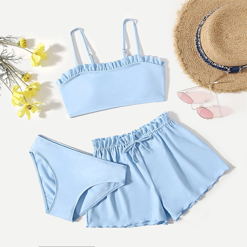 Amazon's 2026 New European and American Style Children's Solid Color Ruffled Two-Piece Swimsuit for Girls, Three-Piece Set for Older Children
