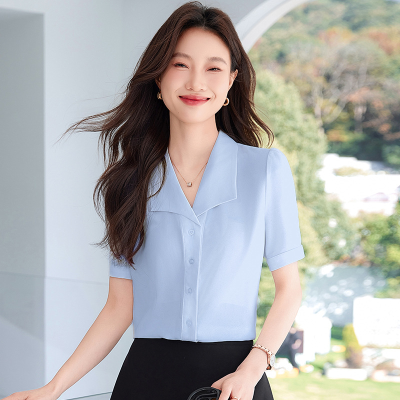 여성을 위한 프렌치 브이넥 쉬폰 셔츠, 새로운 여름 고급 스타일, 작은 패셔너블한 블루 컬러의 전문 셔츠
