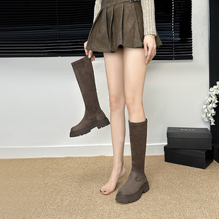 Petite Pleated Stretch High Boots for Women 2025 Autumn/Winter New Thick-Soled Slimming Long Boots in Brown