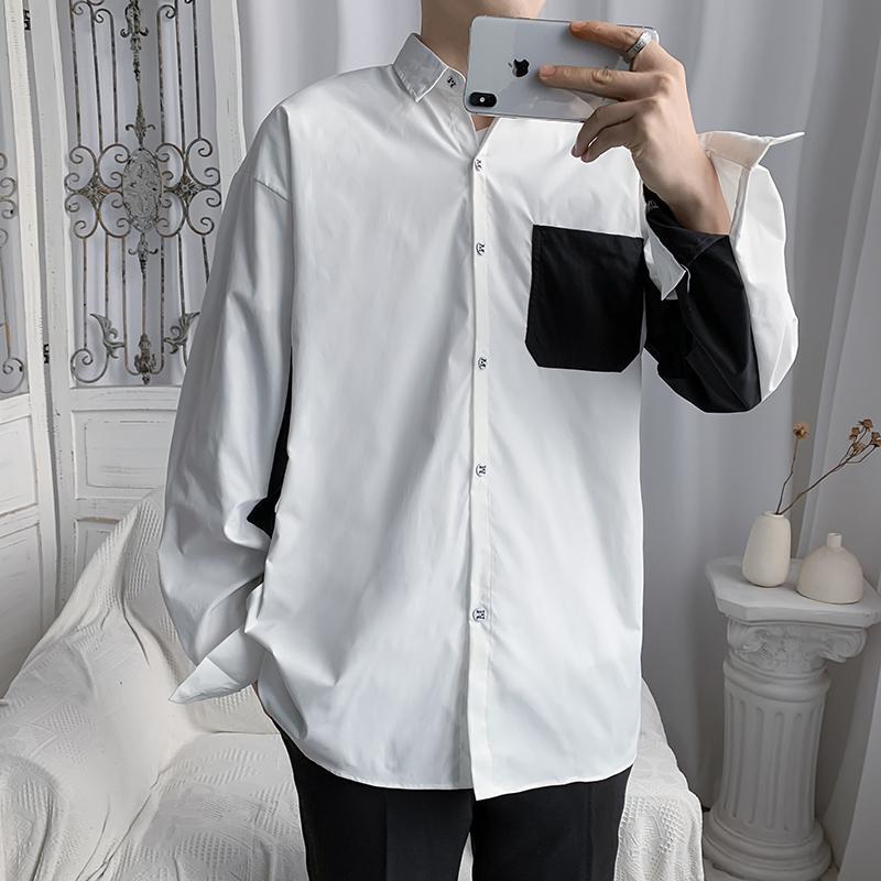 Men's Black And White Patchwork Long Sleeve Casual Shirt Trendy_voghion.com