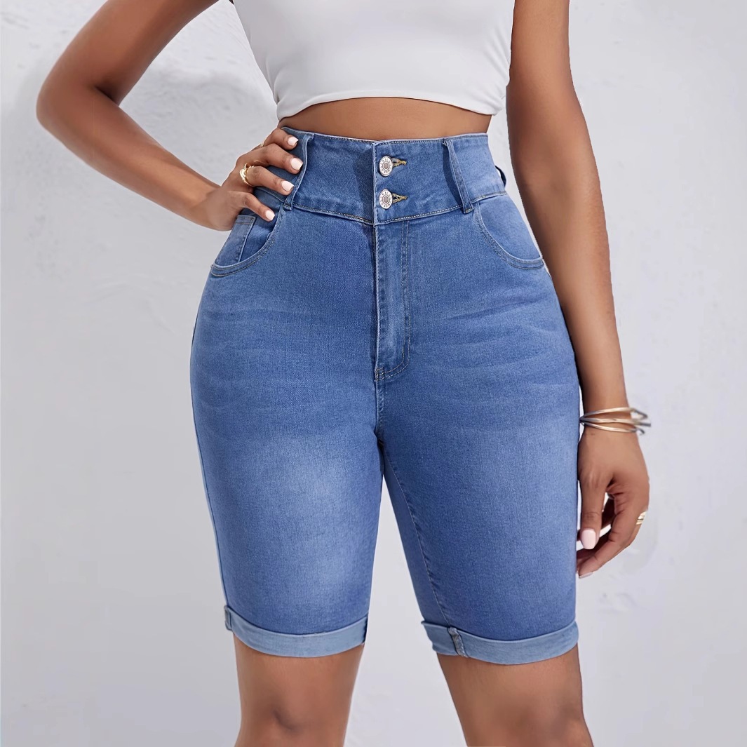 Temu Hot Sale 2026 European and American Cross-Border Women's High-Waisted Double-Buckle Rolled Hem Stretch Denim Shorts Cycling Pants