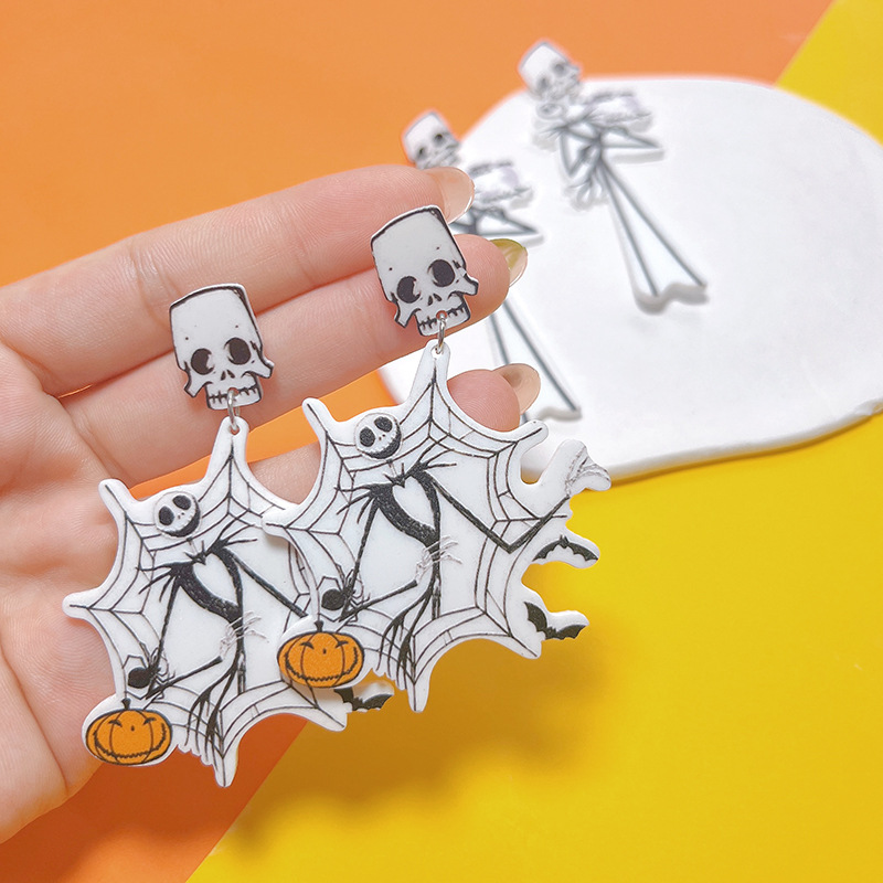 Party, Festival Occasion Arylic Material 1 Pair Halloween Hip-Hop Punk Pumpkin Spider Web Skull Arylic Drop Earrings