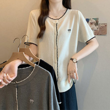 胖妹妹短袖开衫女大码2025夏季新款时尚拼色蝴蝶结刺绣半袖针织衫