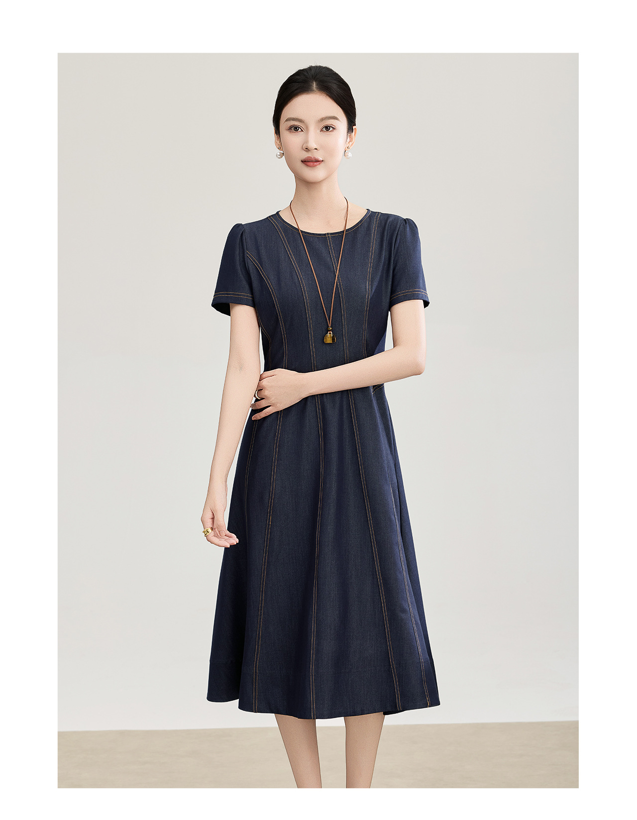 Đầm denim nữ tay ngắn thắt eo phong cách vintage chất liệu tencel cotton thoáng mát — màu xanh đậm chi tiết 12