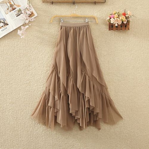 Irregular ruffled chiffon skirt, women's spring/autumn high-waisted skirt, half-length skirt, maxi skirt with a voluminous hem that creates a slimming effect.