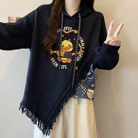 新款大码秋冬加绒加厚学院风复古流苏拼接印花连帽卫衣女
