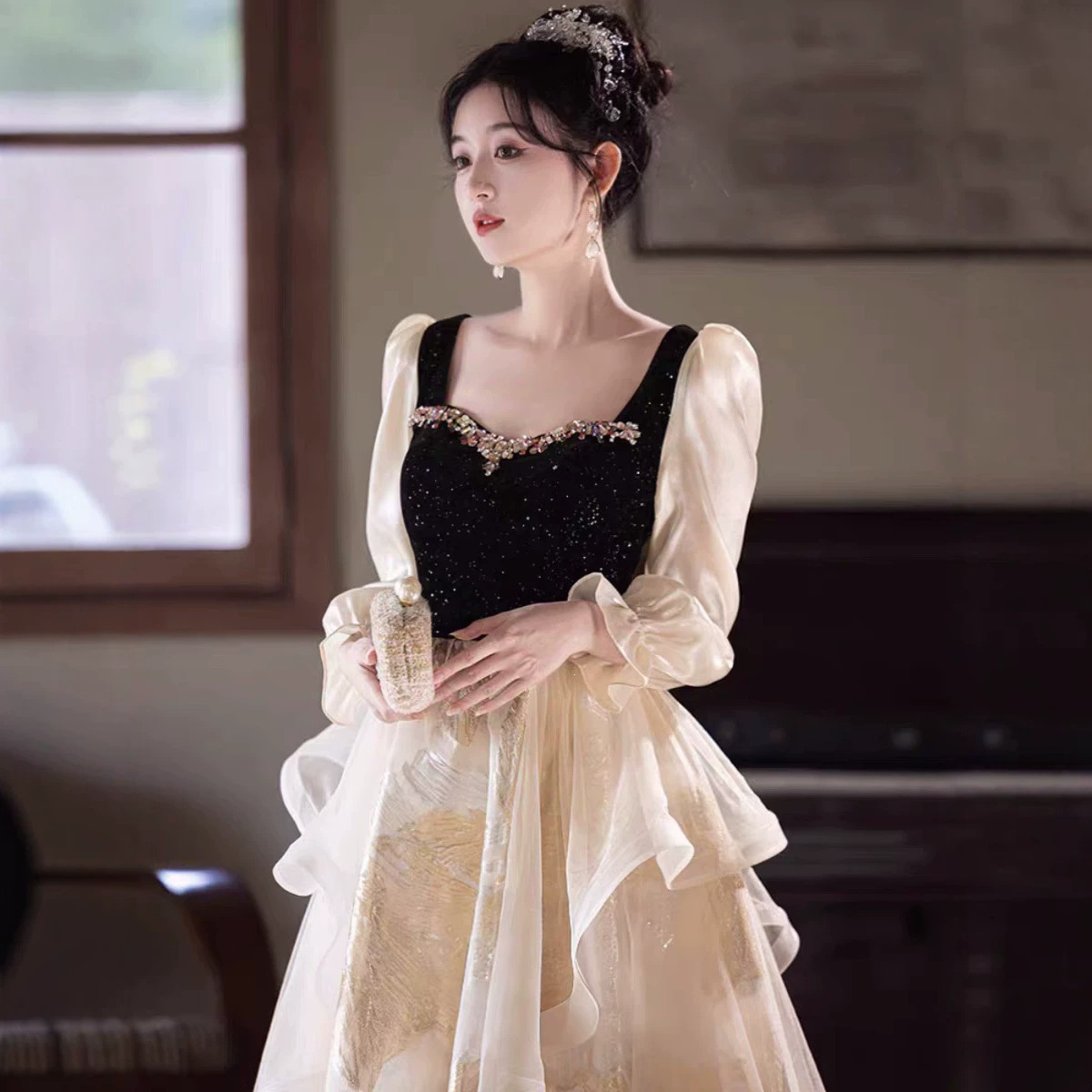 Đầm dạ hội nữ kiểu Pháp cổ yếm dáng suông midi — Màu ảnh 2503