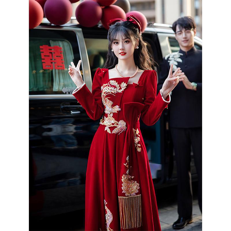 Elegant Bridal Toast Dress 2026 Model Engagement Dress Red Wedding Homecoming New Chinese Style Long-Sleeve Dress Autumn