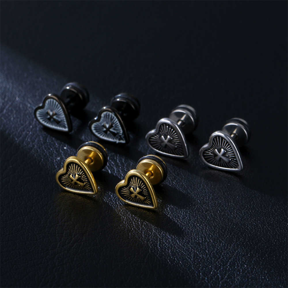 Hip-hop Cross Heart Shape Stainless Steel Plating Ear Studs 1 Pair display picture 1