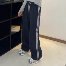 美式深灰色条纹弯刀裤女秋季新款窄版阔腿裤宽松bf慵懒风束脚卫裤