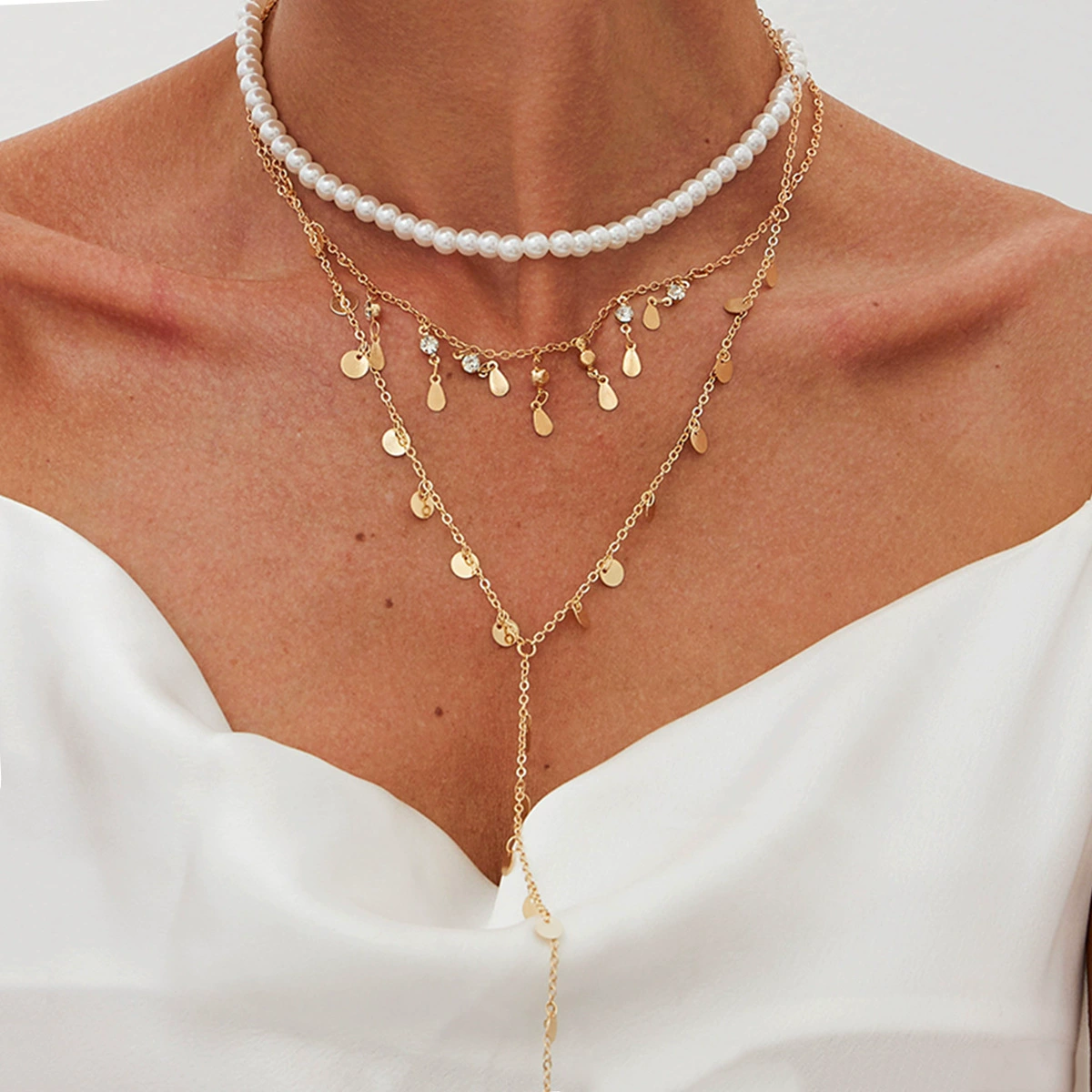 Brand fashionable metal necklace from pearl, chain, European style