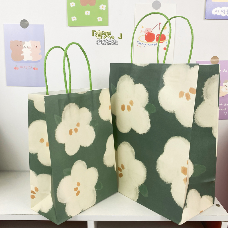 Xiaohongshu's Same Style Retro Green Large Flower Small Fresh ins Simple Kraft Paper Bag Gift Bag High-value Satchel