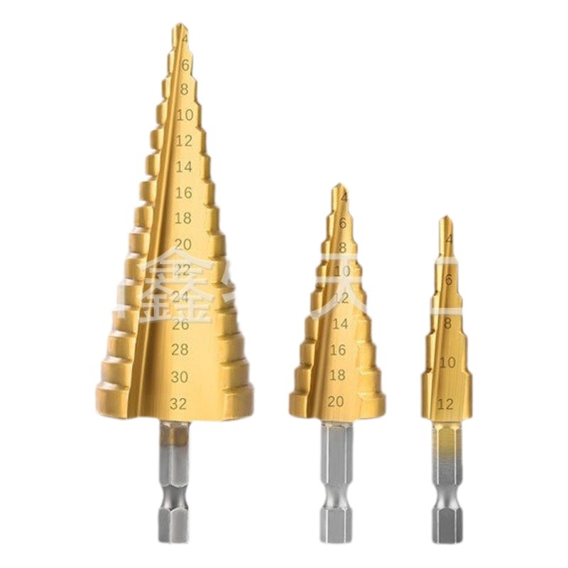 Alta VELOCIDAD DE ACERO pagoda taladro recto ranura mango hexagonal titanio-plateado paso taladro escariado agujero abridor bolsa de tela traje paso Taladro
