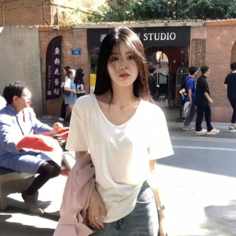 2026 Summer Japanese Style Trendy Versatile Korean Fashion Simple White V-Neck Short-Sleeve T-Shirt Top for Women Slim Fit