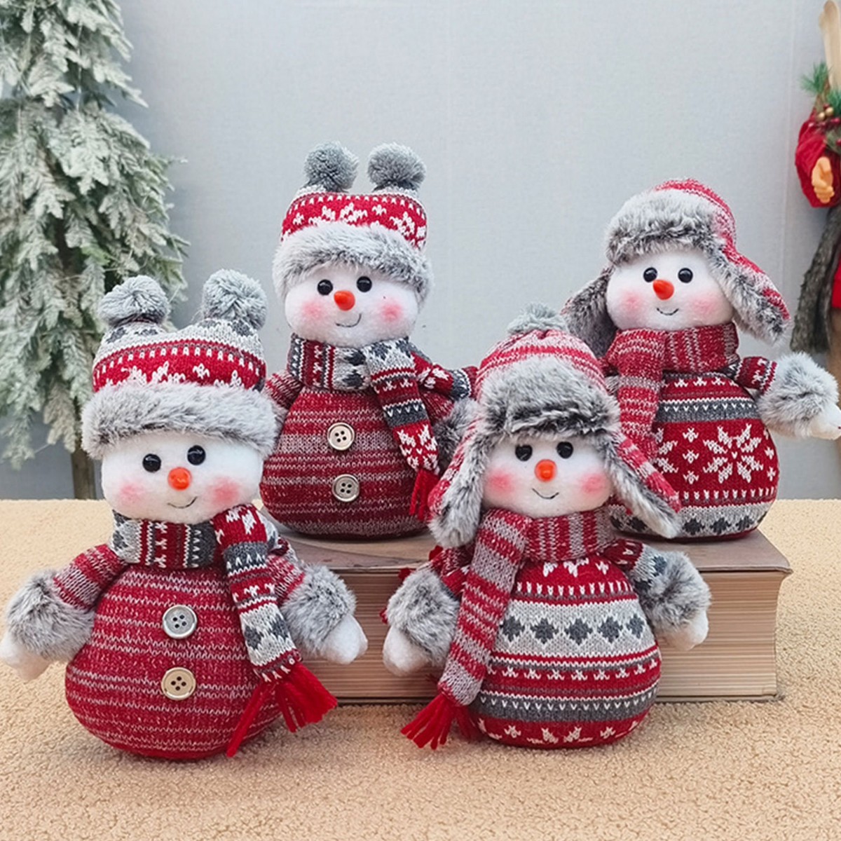 Christmas Snowman Plush Doll – Handmade Knit Fabric, Festive Tabletop Decor For Home/Shop Window (Set Of 2 Styles: Elf Hat & Fur Cap)_voghion.com